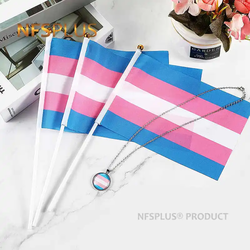 

10 Pack Transgender Pride Flag Trans Rainbow LGBT Lesbian Gay Bisexual Pansexual 14x21cm Handheld Small Stick Flag With Flagpole