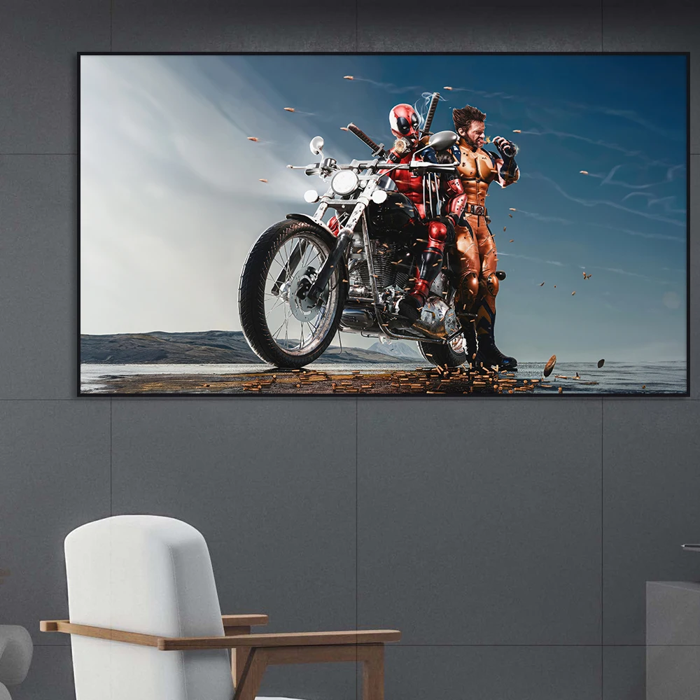 Wolverine Deadpool Motorcycle Mayhem Poster Disney Wall Art Canvas Painting Print Superheroes Pictures Room Home Decor Cuadros