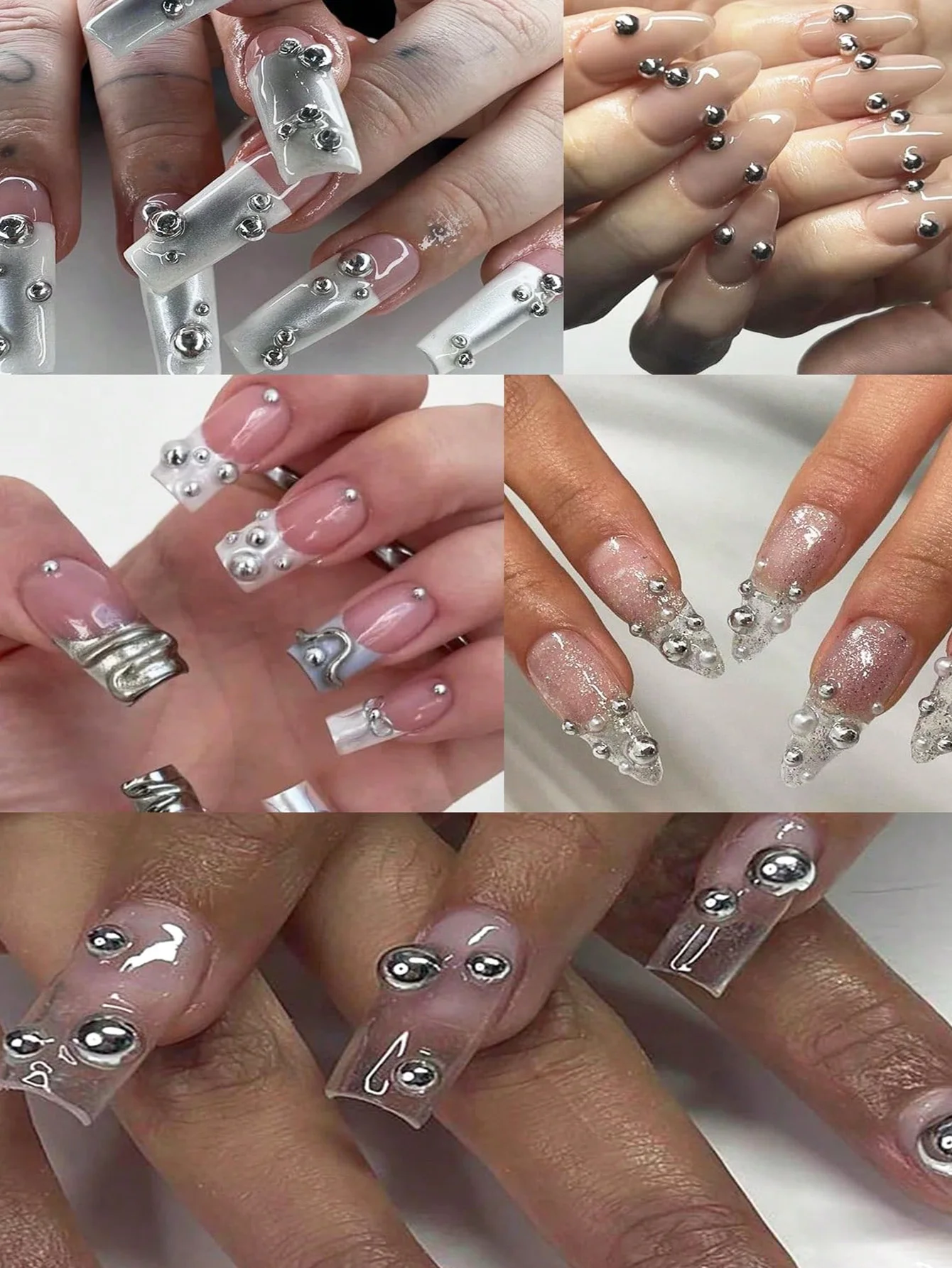 ลูกปัดตกแต่งเล็บทรงครึ่งวงกลม 12 ช่อง สีทอง+เงิน เมทัลลิก แบบแบนหลังเรียบ ขนาดผสม