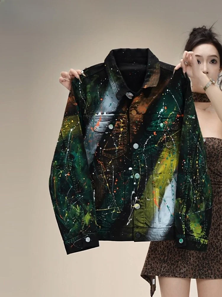 

Мужская джинсовая куртка Slim Fit для осени и зимы с дизайнерским принтом и воротником с эффектом брызг краски, повседневная, в стиле кэжуал