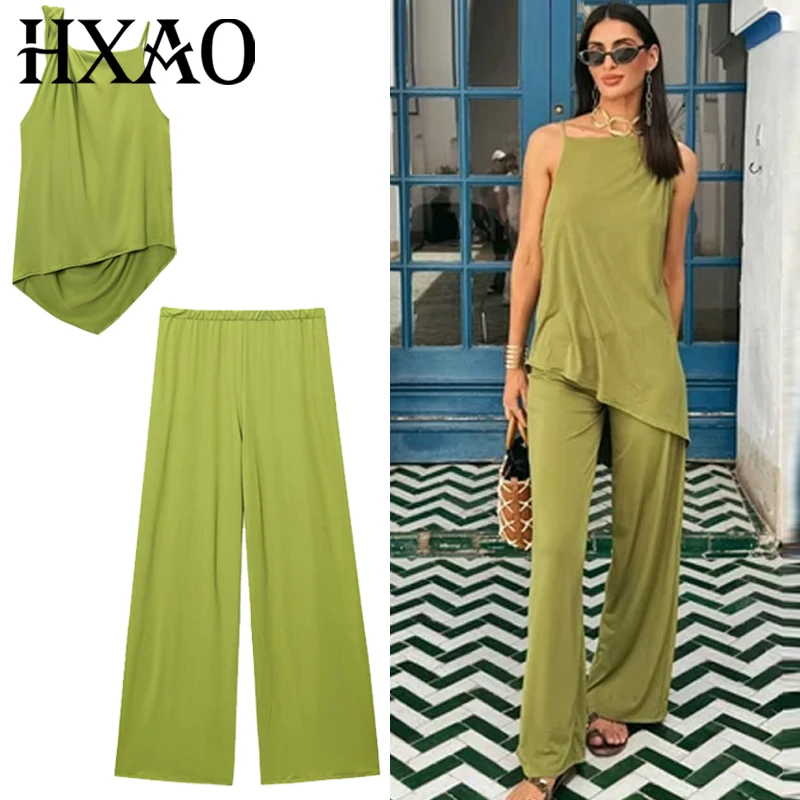 HXAO Green Pant Sets Women's Two Pieces Set Ruffled Asymmetric Slip Top Suit Outfit Chic High Waist Drape Wide Leg Trousers Sets