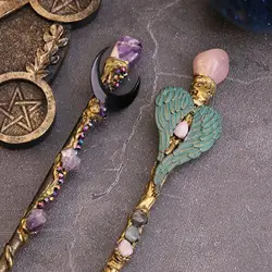 Natural Rose Quartz Moon Magic Scepter Purple Mica Fairy Wand Angel Wings Wizard Witch Accessories Cosplay Props Festive Gifts