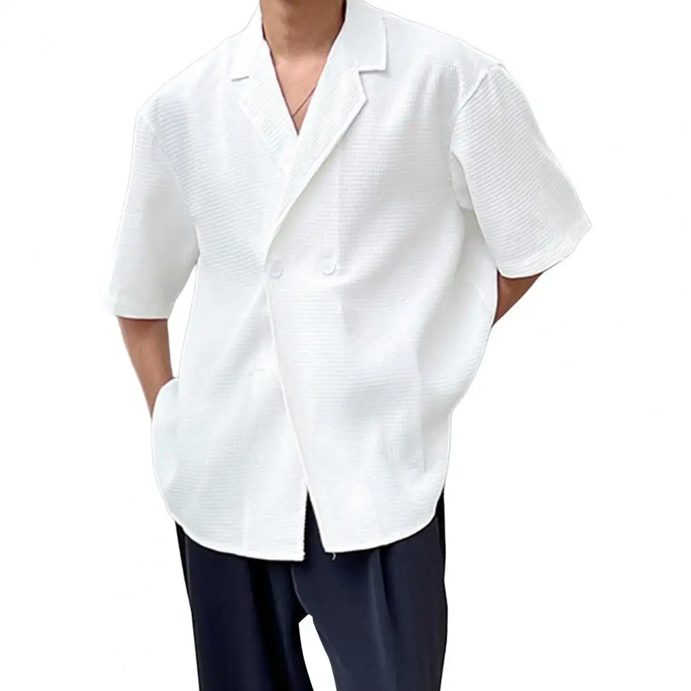 

Summer Men Shirt Buttons V Neck Lapel Three Quarter Sleeves Waffle Pullover Business Top рубашка мужская