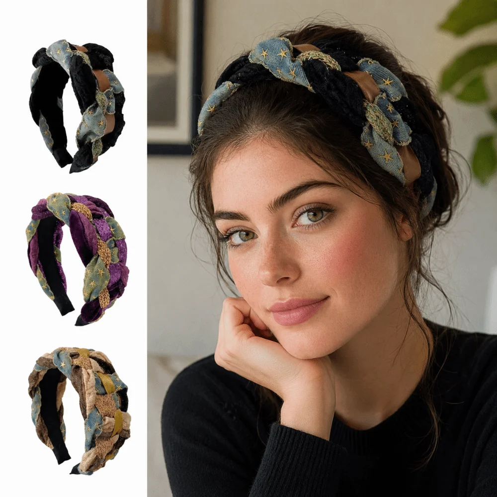 Retro Bohemian Braided Headband Fabric Spliced Patchwork Headband Non Slip Makeup Washing Head Band For Women Hair Accessory
