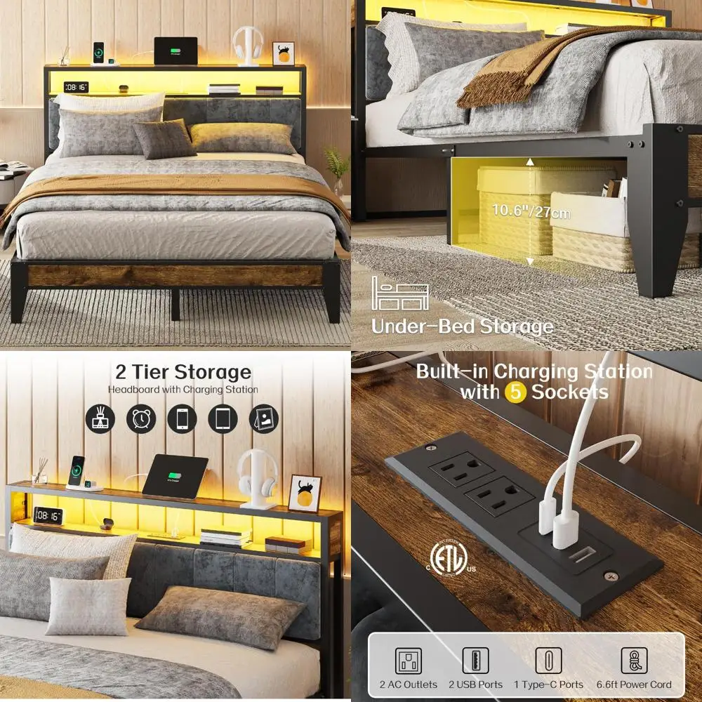 

Metal Queen Bed Frame with 2-Tier Storage, LED Headboard, Charging Station, and USB Type C Port