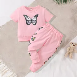 Two piece cute butterfly print short sleeved round neck top and butterfly print long pants set for baby girls
