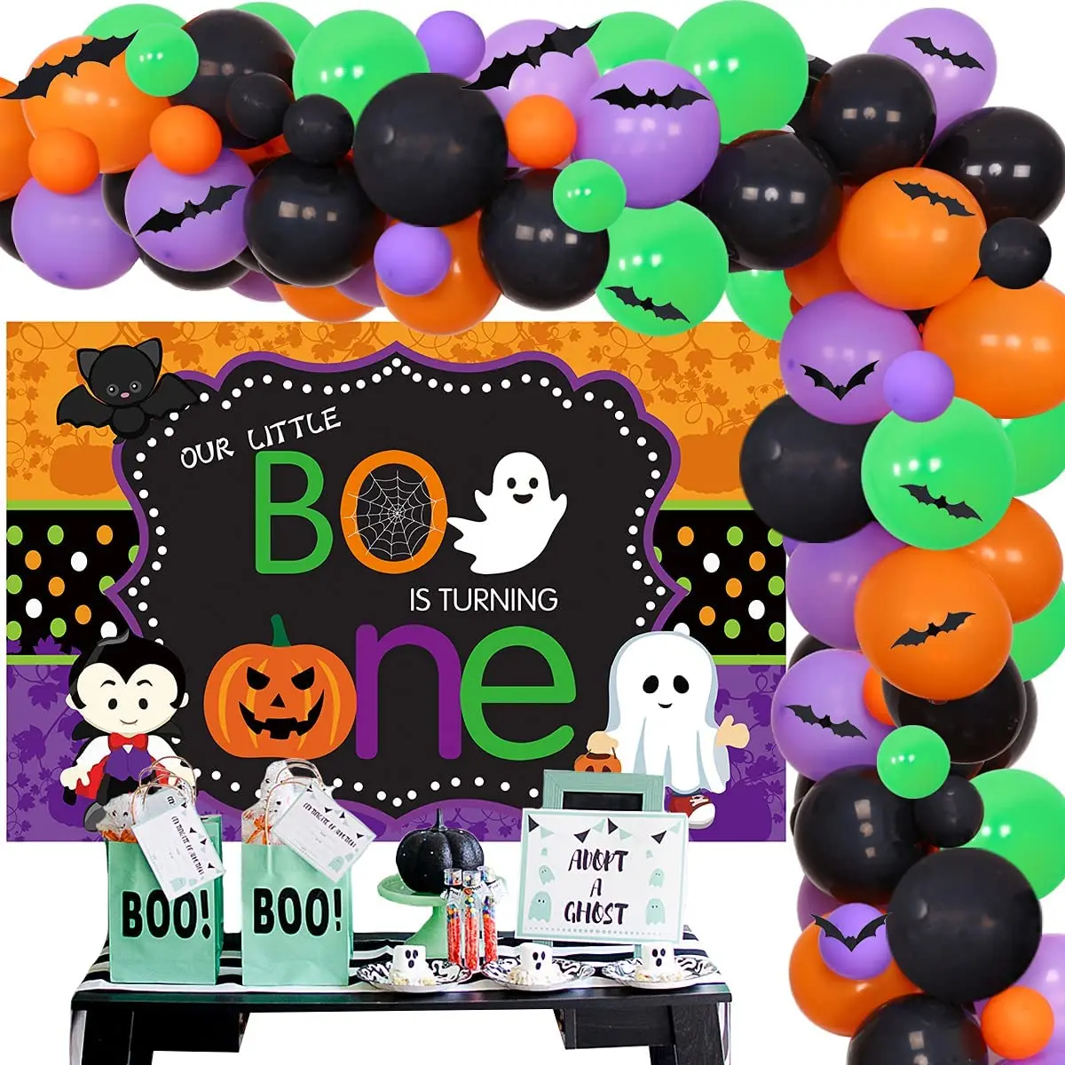 

Halloween 1st Birthday Party Decorations Boys Our Little Boo Is Turning One Backdrop Orange Black Purple Green Balloon Garland