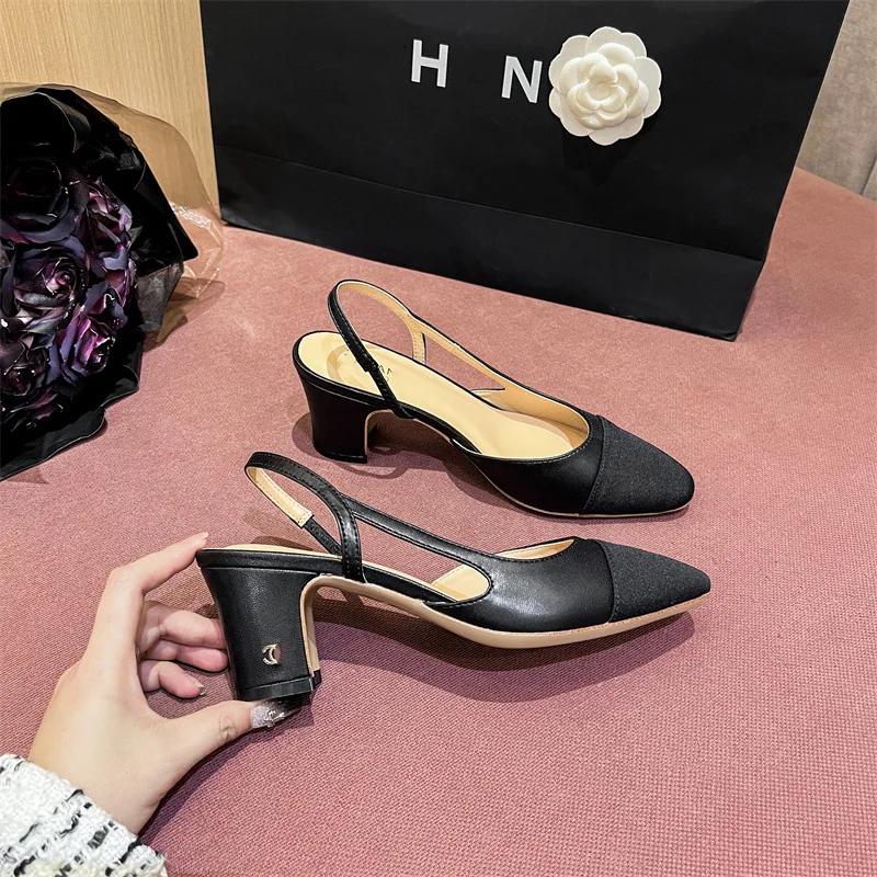 High version summer small fragrant style thick heeled sandals for women with back strap square toe color blocking middle heel an