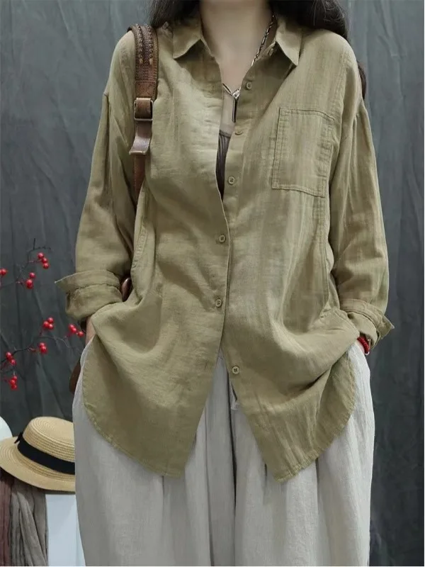 Women's Cotton Linen irt Spring Autumn Thin Outerwear Long Sve Faionable Large Size Mid-Length Top Button-Up  Collar