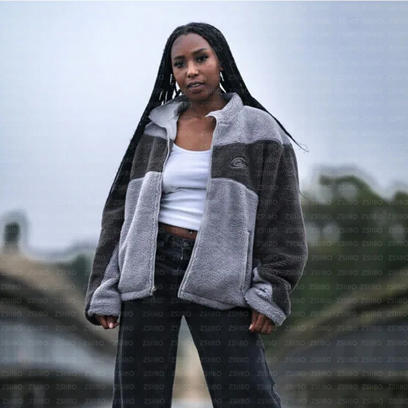 

2025 Autumn and Winter New Warm Lamb Fleece Jacket Sweatshirt Embroidered Color Block Zip-up Jacket