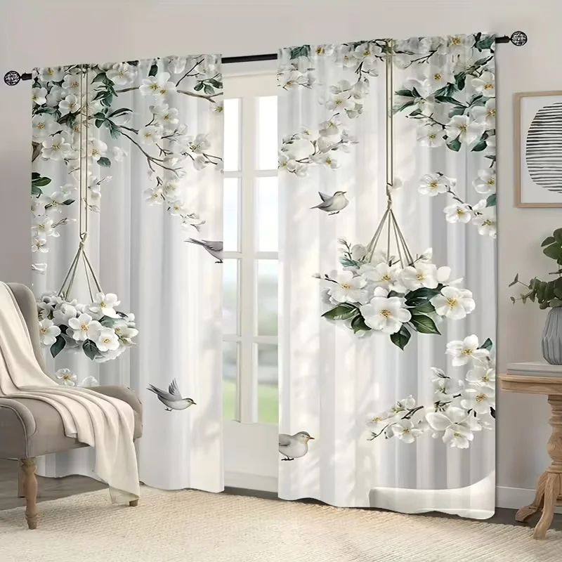 2 Stück Weiße Blumen-Vogel Hängekorb Transparente Vorhänge - Friedlicher Garten-Themen Druck Fenstergardinen für Wohnzimmer Schlafzimmer Dekoration