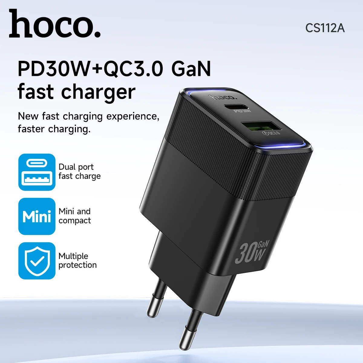 Adaptador de Carga Rápida para Teléfono HOCO GaN PD30W, para iPhone 17 16 15 Pro Max, Enchufe Europeo, Puerto USB Tipo C, Cargador Rápido con Indicador LED