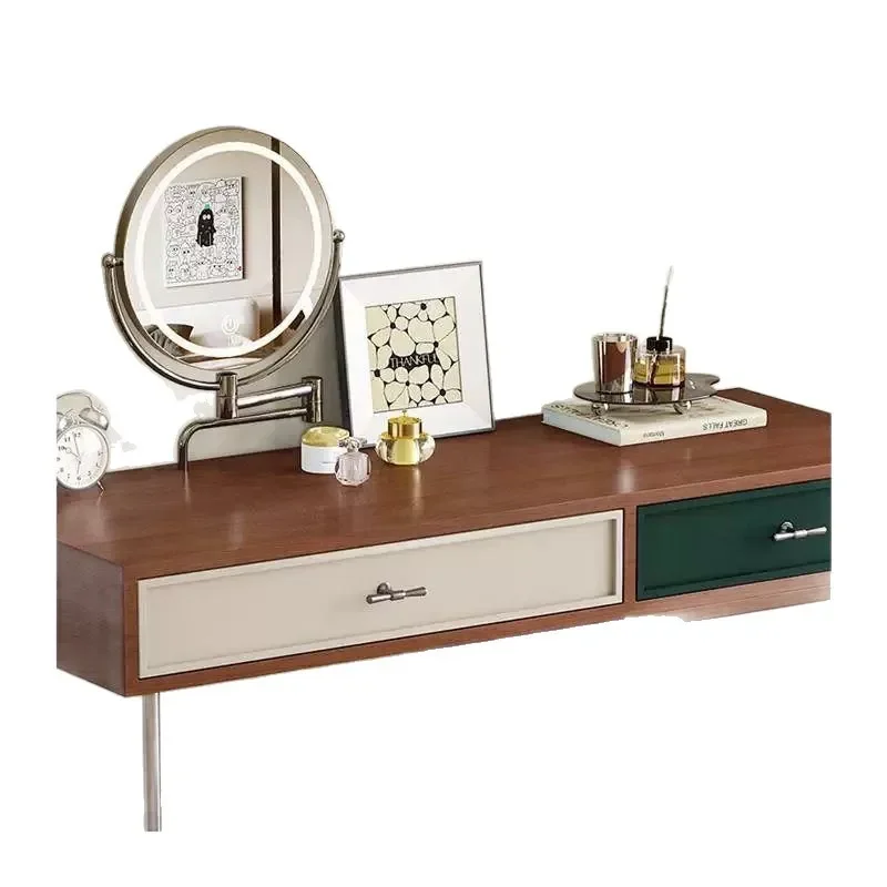 Cremefarbener Retro Massivholz-Schminktisch im Bauhaus-Stil, Kommode für Kleine Apartments, Schlafzimmer-Schminktisch mit Stauraum