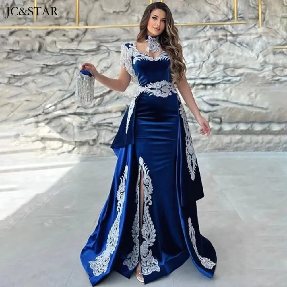 

Турция Вечерние платья для женщин Королевский синий кафтан Marocain De Mariage Разборка VELOUR Кристалл TASSEL Русалка с разрезом Дубай Пром