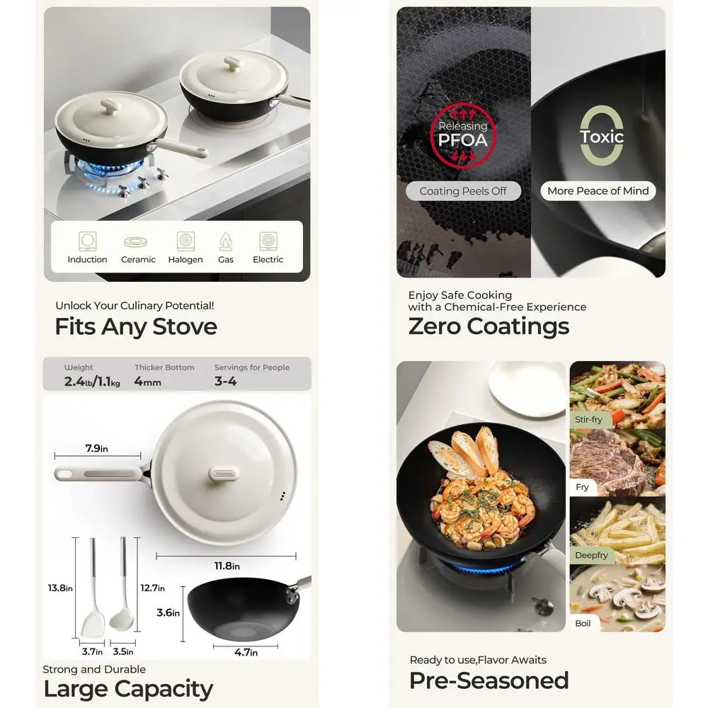 

11.8 Pre-Seasoned Carbon Steel Wok with Lid, Lightweight Stir Fry Pan for All Stoves, Ideal Kitchen Gift for Women & Moms