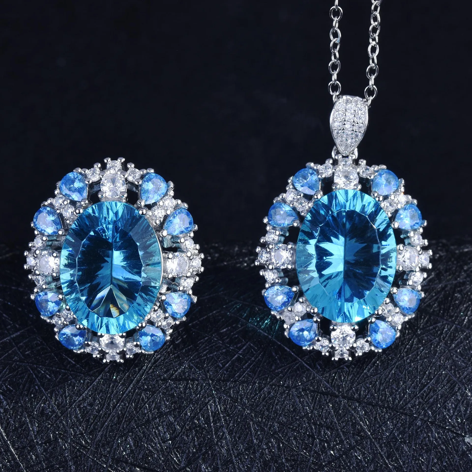 Foydjew Luxury Quality Jewelry Simulation Aquamarine Pendant Necklaces Amethyst Topaz Color Treasure Open Rings Jewelry Sets