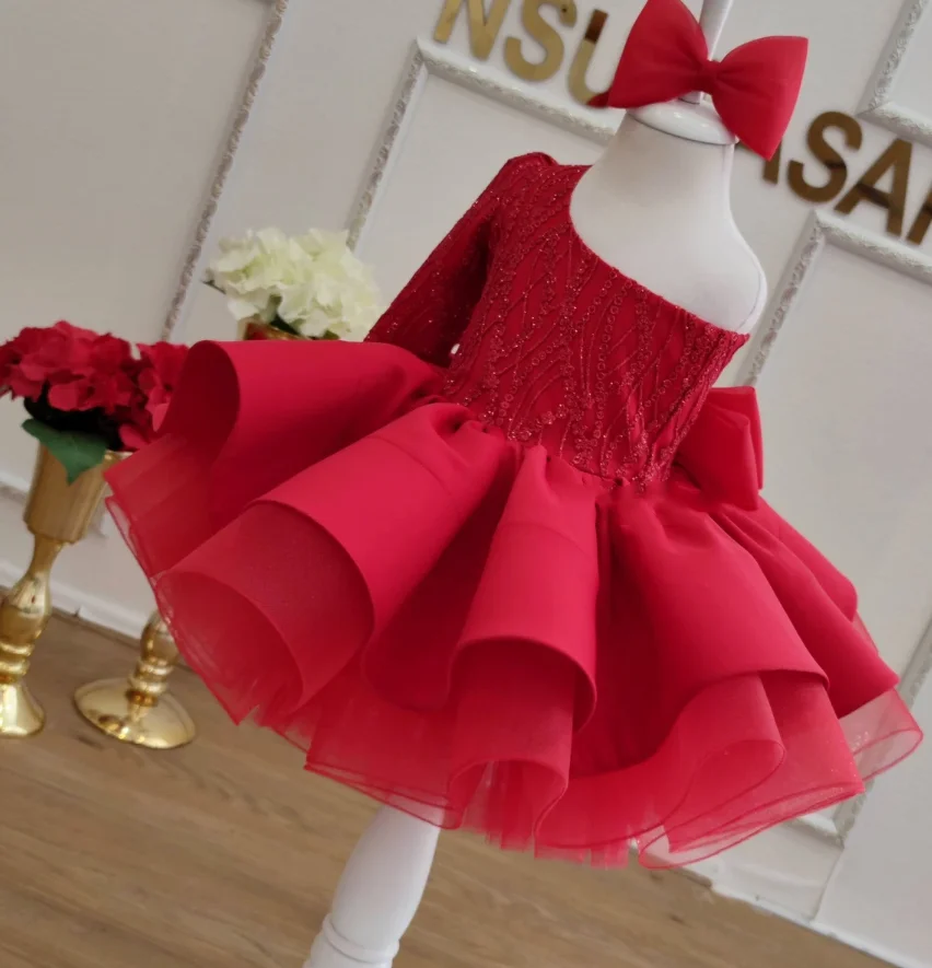 

Red Puffy Skirt Baby Girl First Birthday Party Dresses Kid 1-8 Years Tutu Outfit Tulle Vestidos Kids Clothes Flower Girl Dress