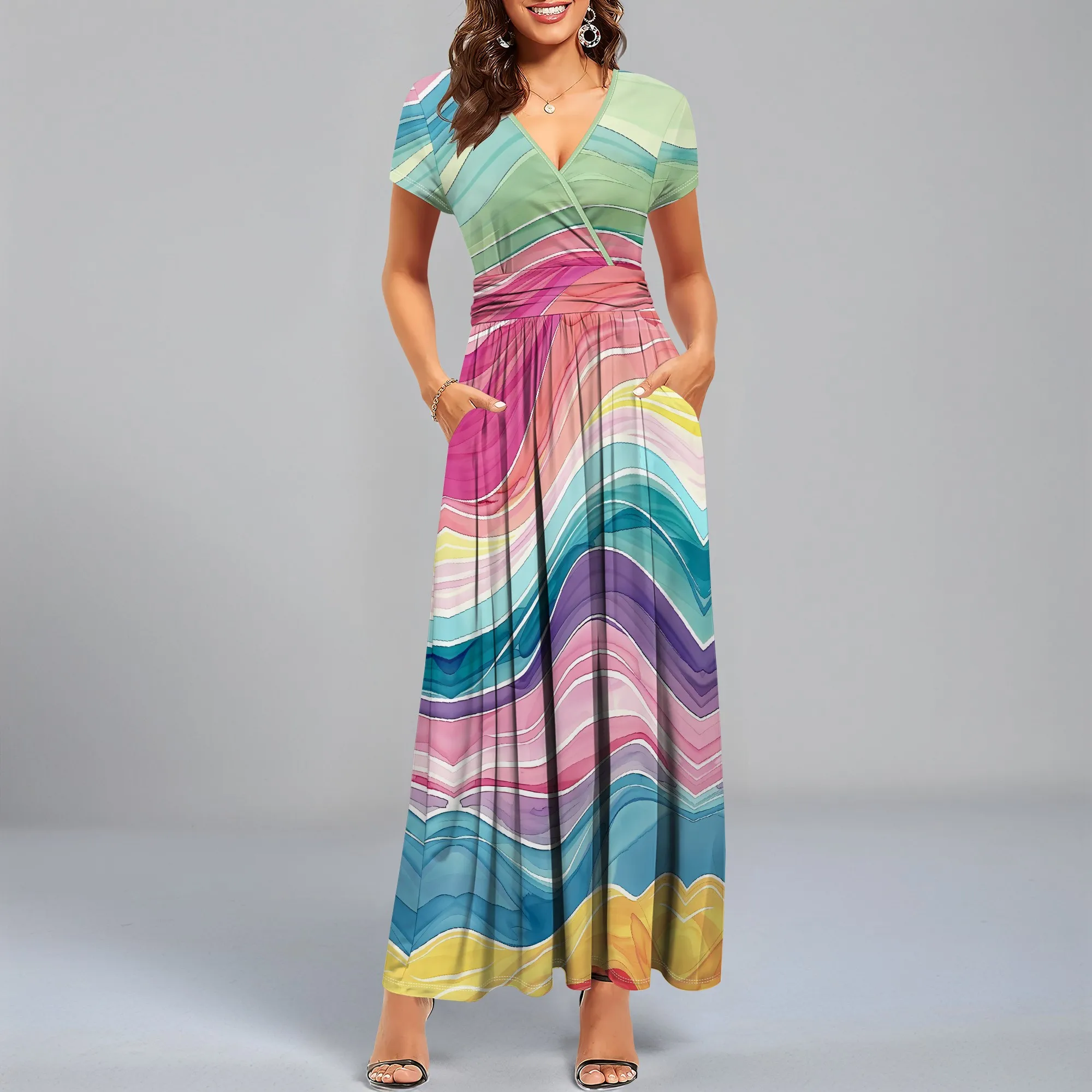 

Nupusa Wave Print Dress for Women Regular Size Summer Casual Wrap V - Neck Short Sleeve Maxi Dress