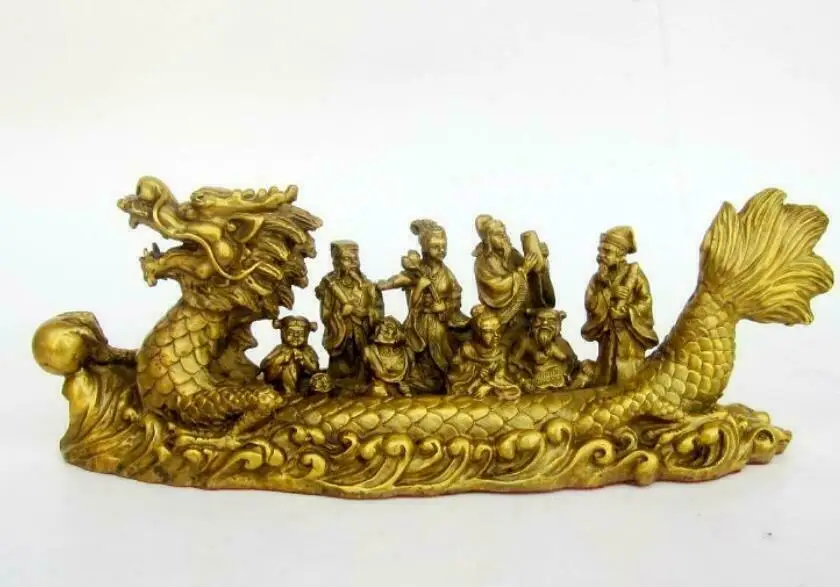 

China Folk Brass Auspicious Eight Immortals Across sea By Dragon Boat Statuerew