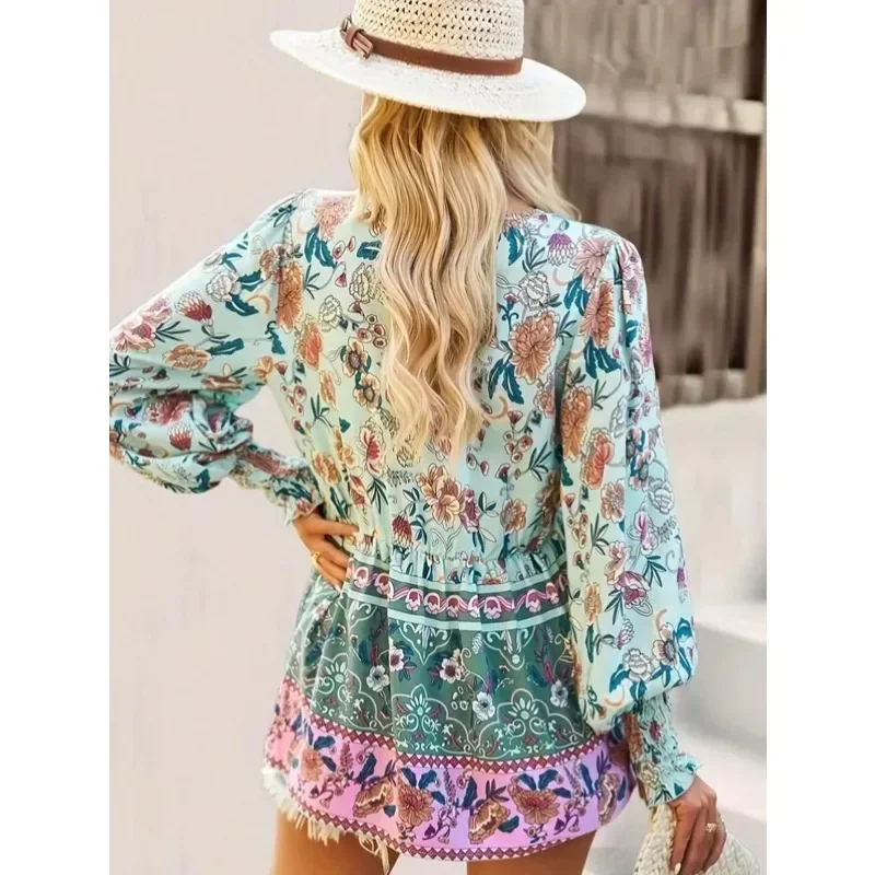 حجم كبير 1XL-5XL جديد الخريف المرأة مزاجه عادية مطبوعة الخامس الرقبة طويلة الأكمام فضفاضة بلوزة قميص التنقل نمط الملابس