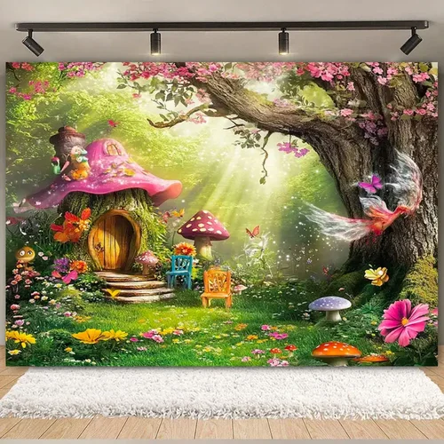 Imagen 2 del producto Fondo de bosque encantado de cuento de hadas, fotografía del país de las Maravillas, seta de la selva de ensueño, fondos para fiesta de cumpleaños de bebé, accesorio de decoración