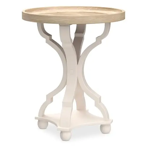 Farmhouse Cottagecore End Table, Rustic Wood Tray Top Round Accent Table with White Curved Legs for Family Room, Living