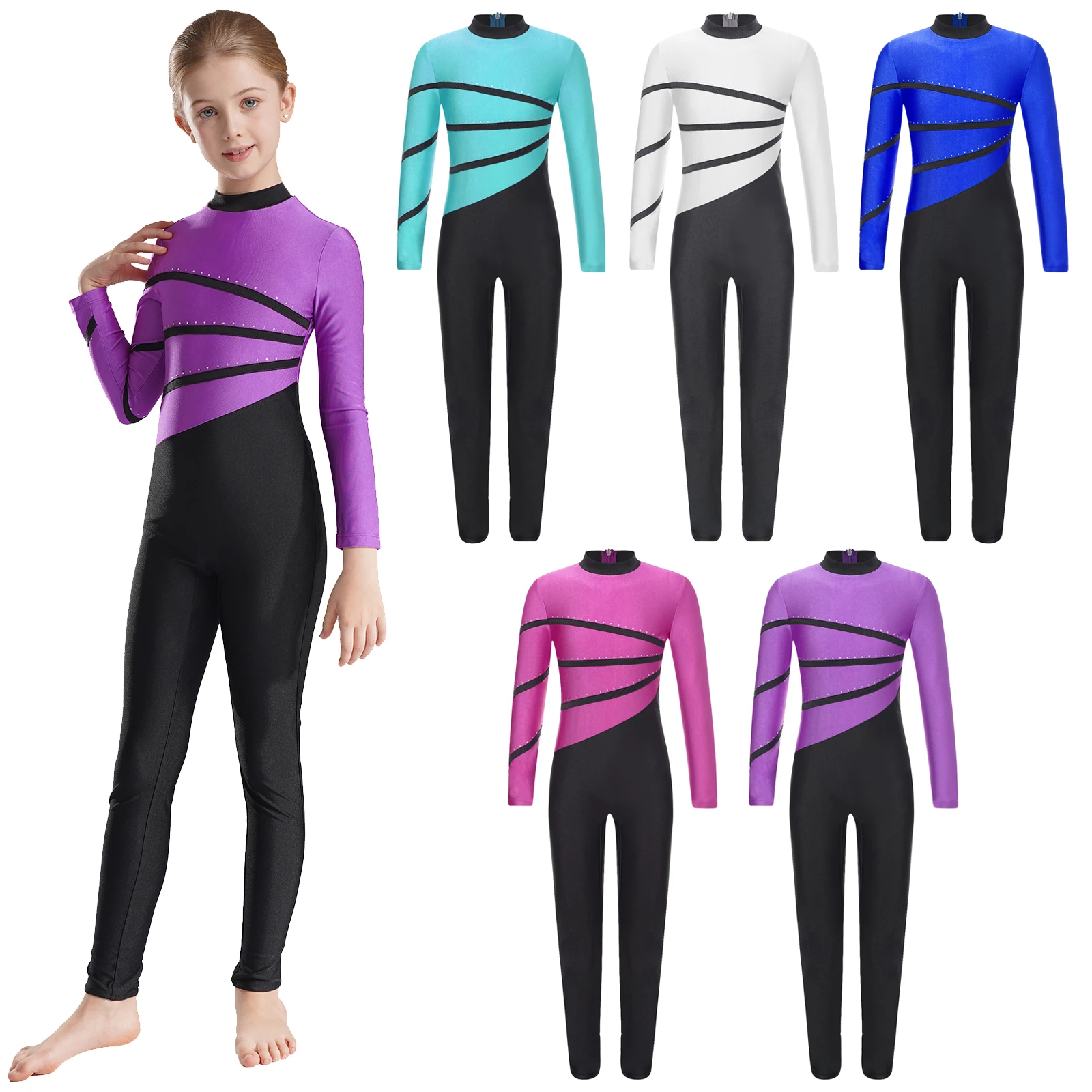 Kids Girl Ballet Dance Leotard Gymnastics Figure Skating Yoga Acrobatics Performance Jumpsuit Long Sleeve Shiny Zipper Bodysuit