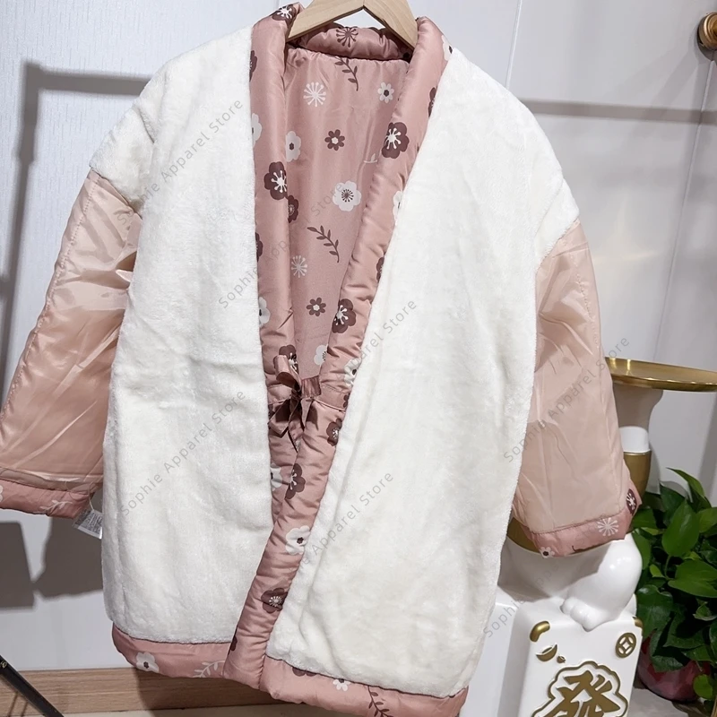 فضفاض اليابانية Hanten سترة زهر الكرز طباعة معطف مبطّن للنساء الدافئة كيمونو سترة سميكة الصوف المتسكعون Homewear #3