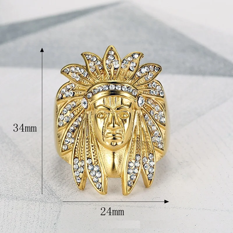 Men's Stainless Steel Indian Chief Ring, Gold Tone Hip Hop Rock Style