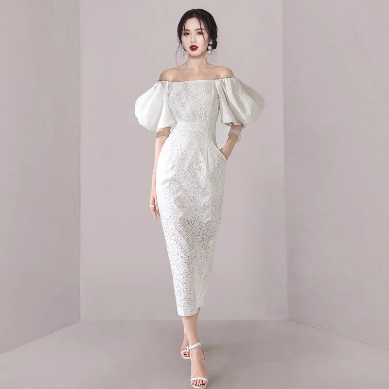 

GUUZYUVIZ Elegant Off Shoulder White Lace Dress For Women Senior Luxury Classy Strapless Puff Sleeve Bodycon Party Evening Dress