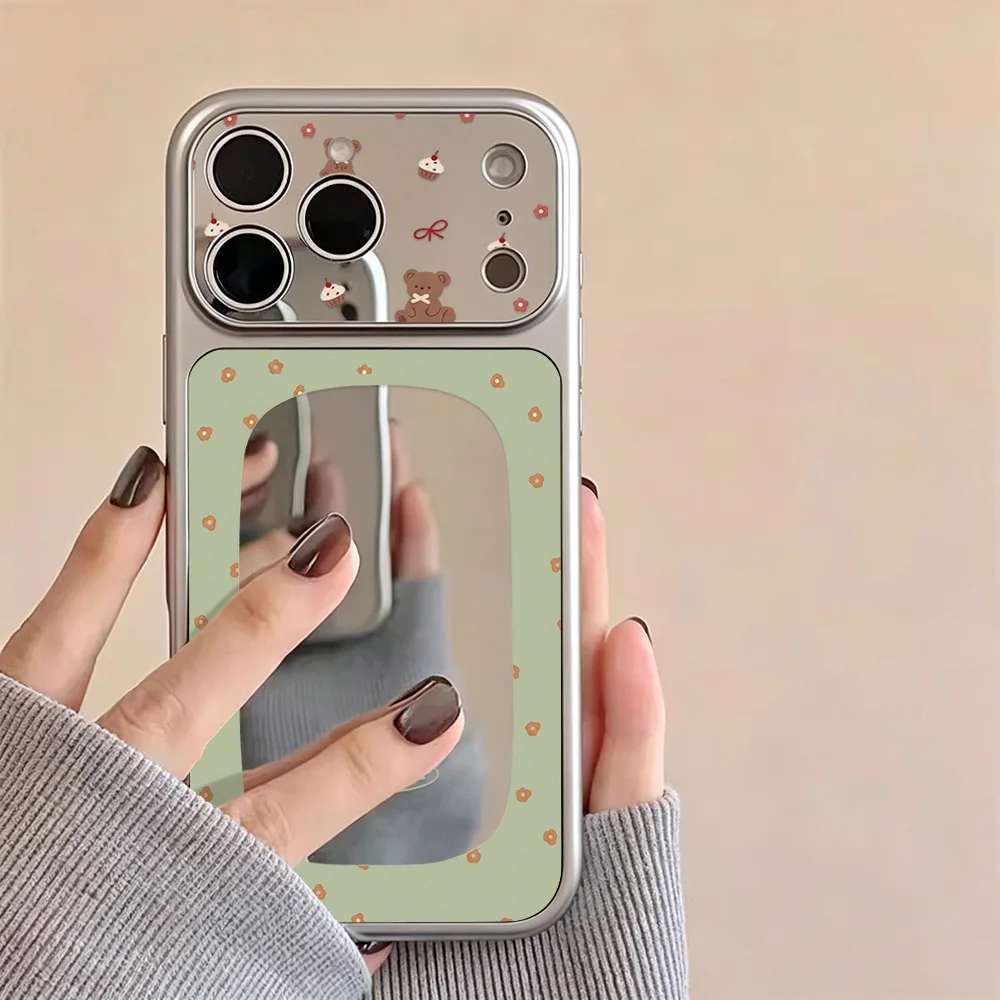 INS Korean Cute Flower Heart Phone Case For iPhone 17 18 11 12 13 14 15 16 Pro Max Large Window Mirror Shockproof Bumper Cover