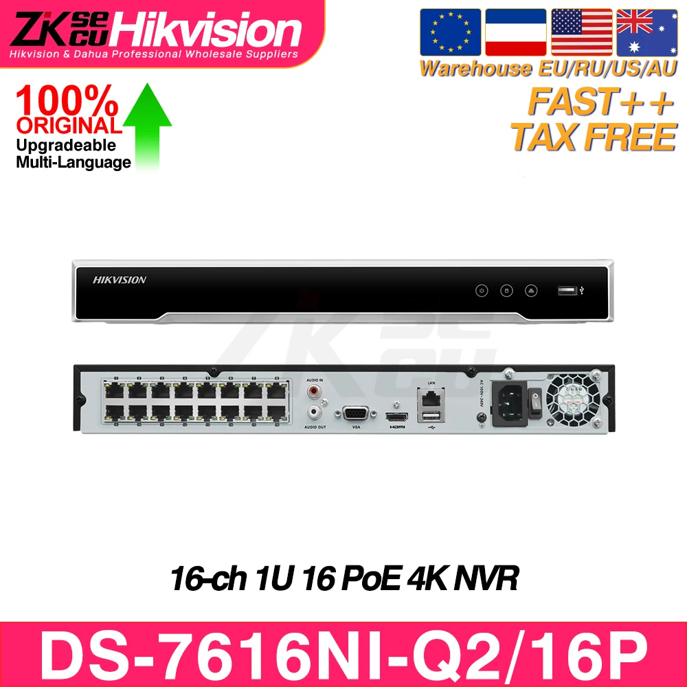 Hikvision Network Video Recorder DS-7616NI-Q2/16P 4K 1U 16CH 16POE NVR MD2.0 Security CCTV 2 SATA interfaces 8T/SATA MAX H.265+