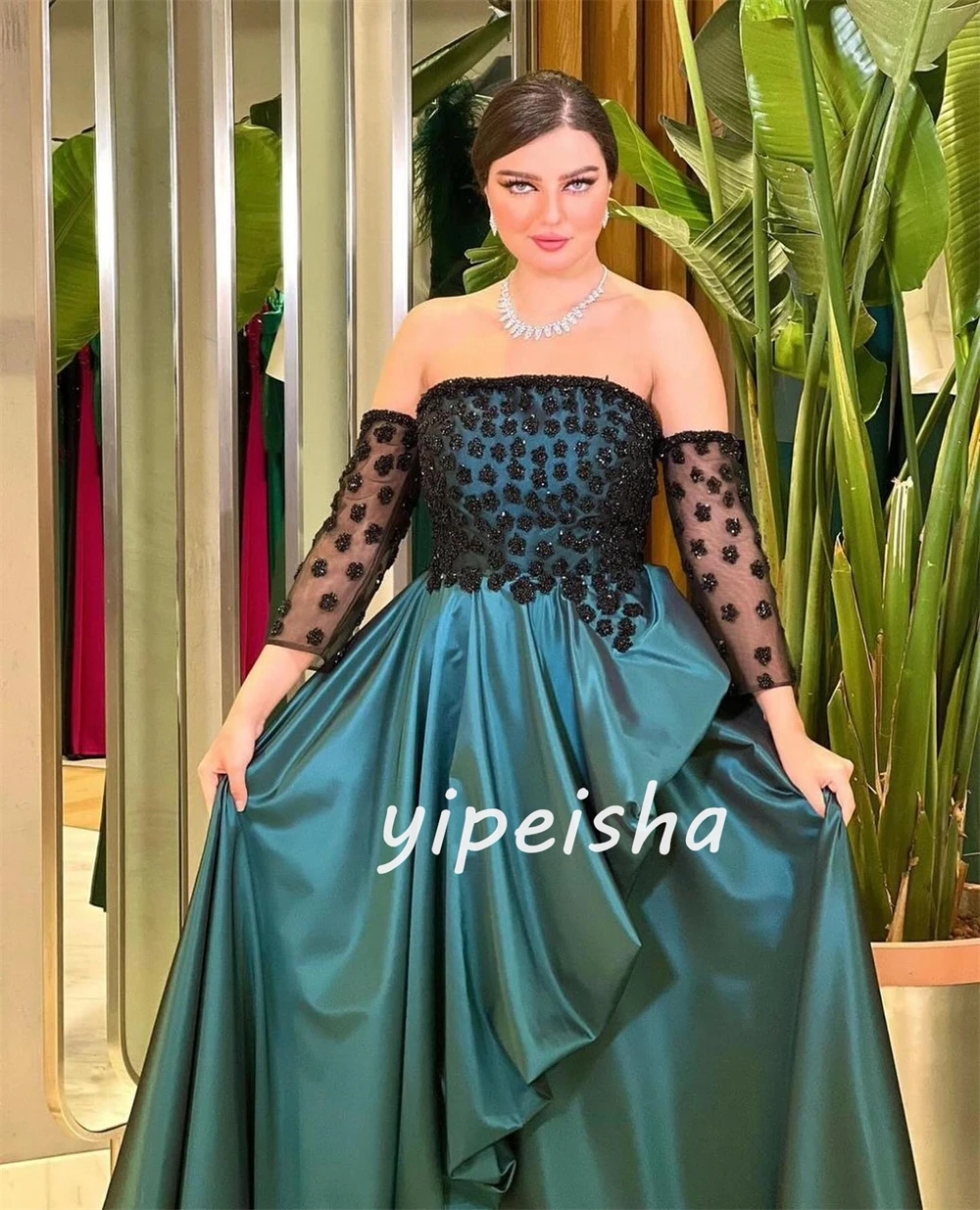 Customized Sparkle Exquisite Satin Draped Pleat Applique Christmas A-line Off-the-shoulder Bespoke Occasion Gown Long Dresses