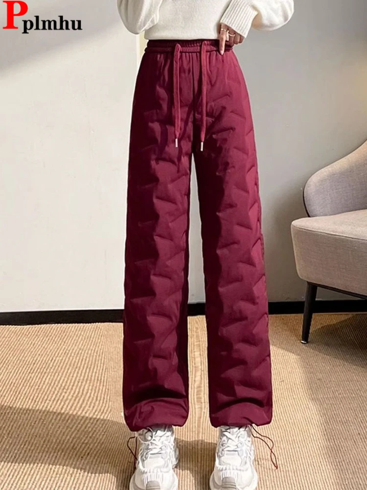 

Winter Warm Elastic High Waist Straight Pants Women Thicken Windproof Cotton Padded Sweatpants Snow Wear Solid Loose Pantalones