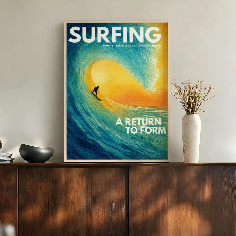 Vintage Surfing Ocean Wave Beach Lifestyle Illustration Poster Modern Aesthetic Wall Art for Home Bar Cafe Bathroom Decor