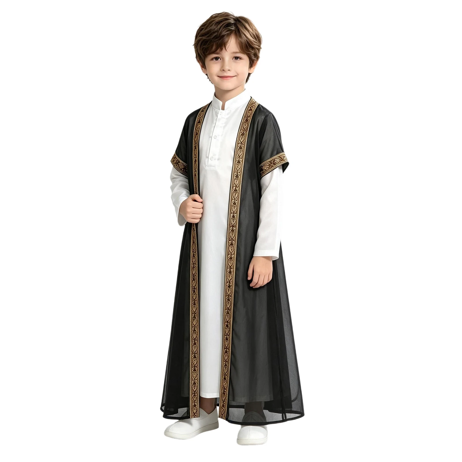 Muslim Boys Abaya Kaftan Thobe Long Sleeve Arabic Robe with Sheer Tulle Trim Cardigan Dubai Middle East Islam Ramadan Eid Gown