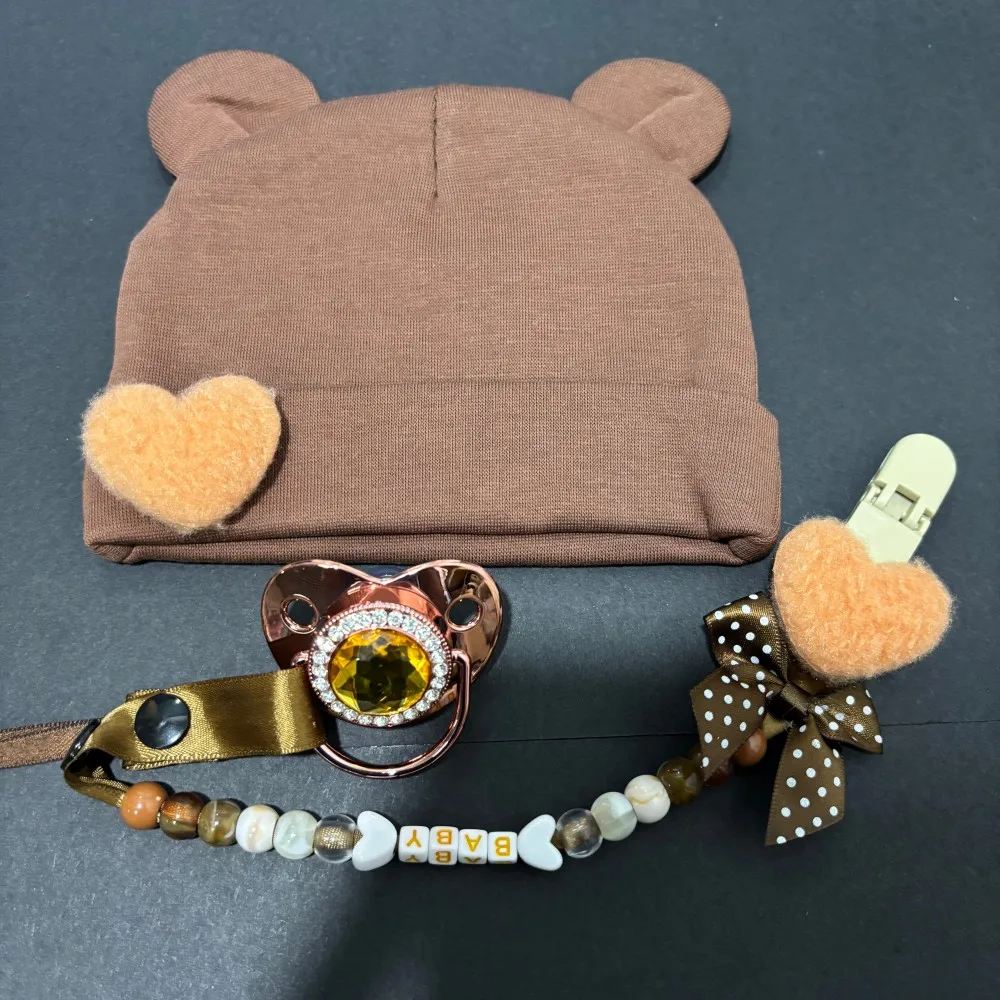 Newborn Cartoon Pacifier with Custom Clip and Hat 3 in 1 Set Soft Cotton Silicone BPA Free Cute Knit Cap Daily Wear Stroller