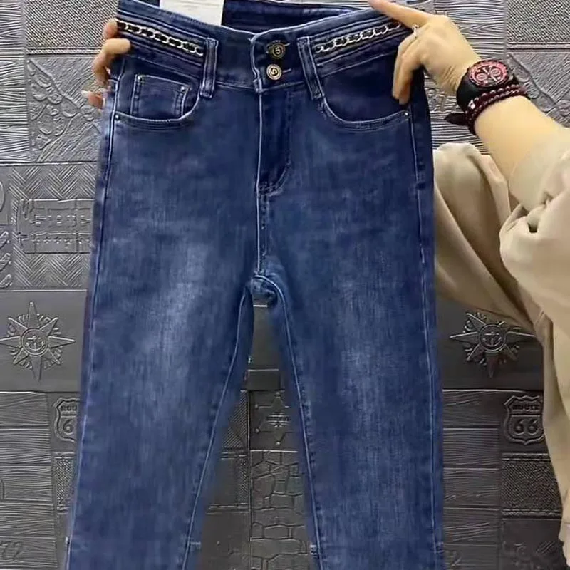 Cintura alta perna reta denim jeans feminino primavera 2023 nova emenda solta ba split cigarro calças letras azuis