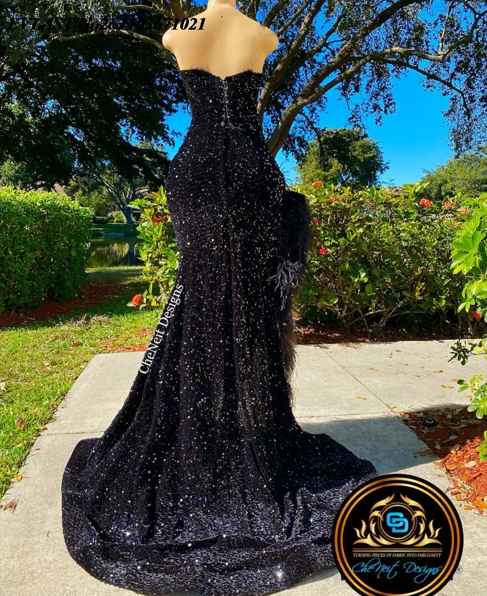 EVLAST Personalizado Africano Preto Pena Sereia Vestido de Baile Alta Fenda Diamantes Cristal Frisado Vestido de Noite Vestido de Festa E2P111