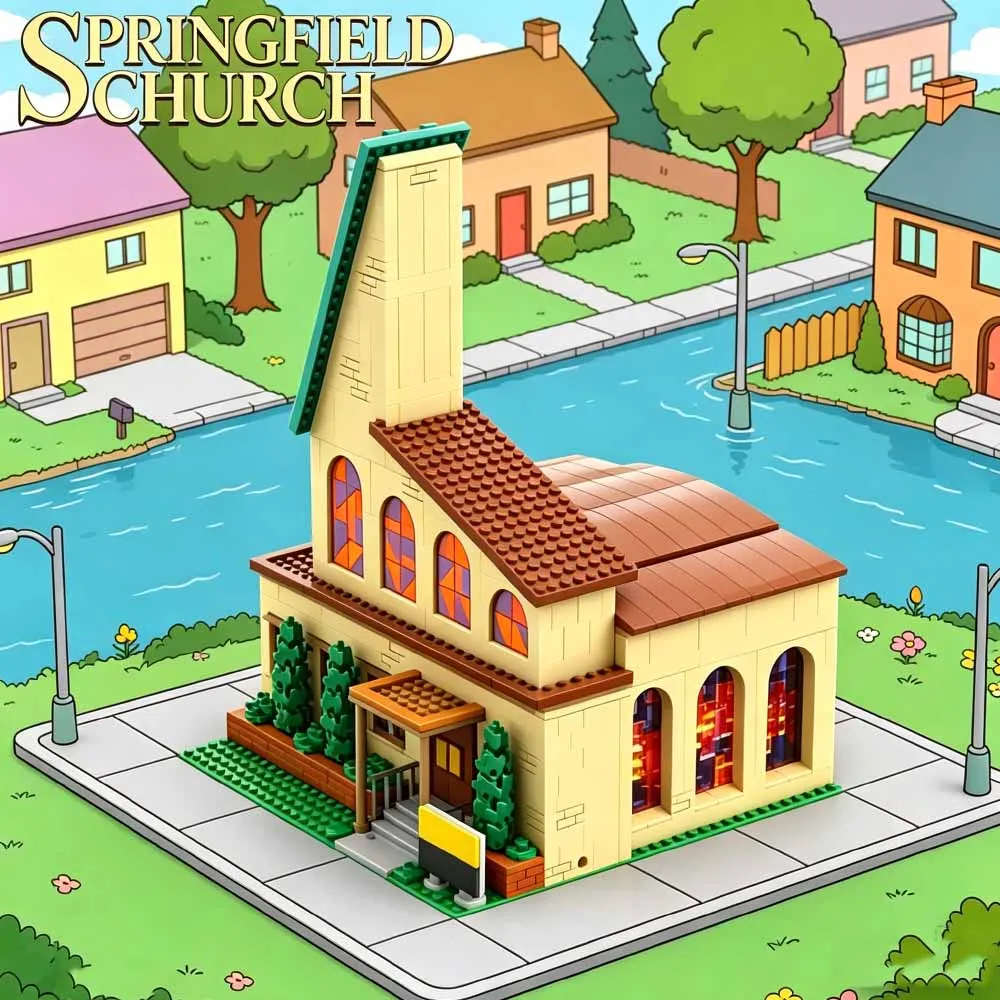 

1891PCS Springfield Church Architecture Model Anime Simpsson City Street View Building Blocks Toys Gift Set Adults Puzzle Kids ﻿