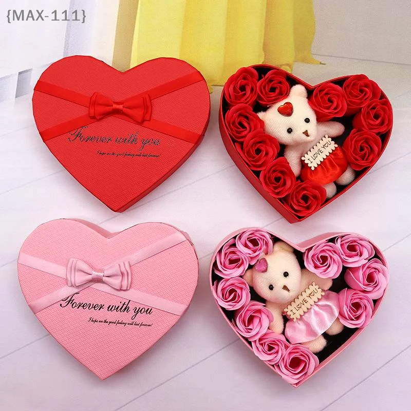 F2-MAX111Red Pink Soap Rose Love Gift Box with Bear - Valentine's Day Mother's Day Anniversary Wedding Party Decorations
