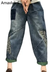 Amax luluE 2024 Chinese Style Spring Womens Printed Patchwork Jeans Ladies Vintage Blue Denim Pants Female Casual Punk Pantalons