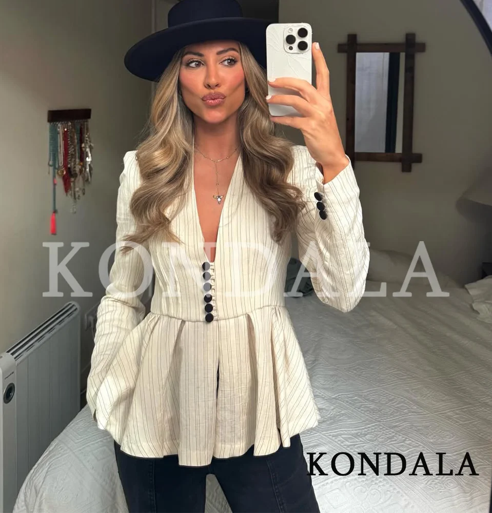 KONDALA Women Elegant Striped Blazer High Street Commute Deep V-Neck Skirt Hem Blazer 2026 Spring Summer Fashion Casual Blazer
