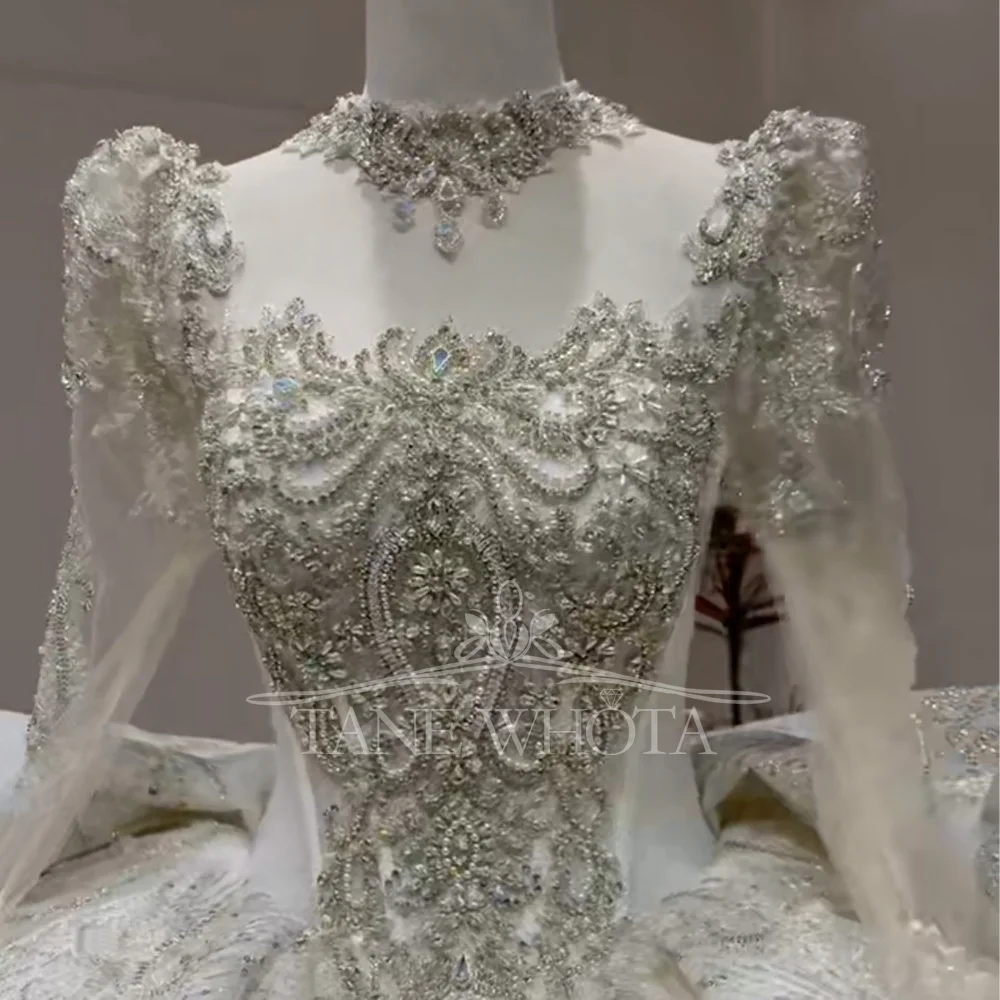 Customizable Sequined Crystal High Wedding Dress Long Sleeve Lace-Up Keyhole Back Bridal Dress