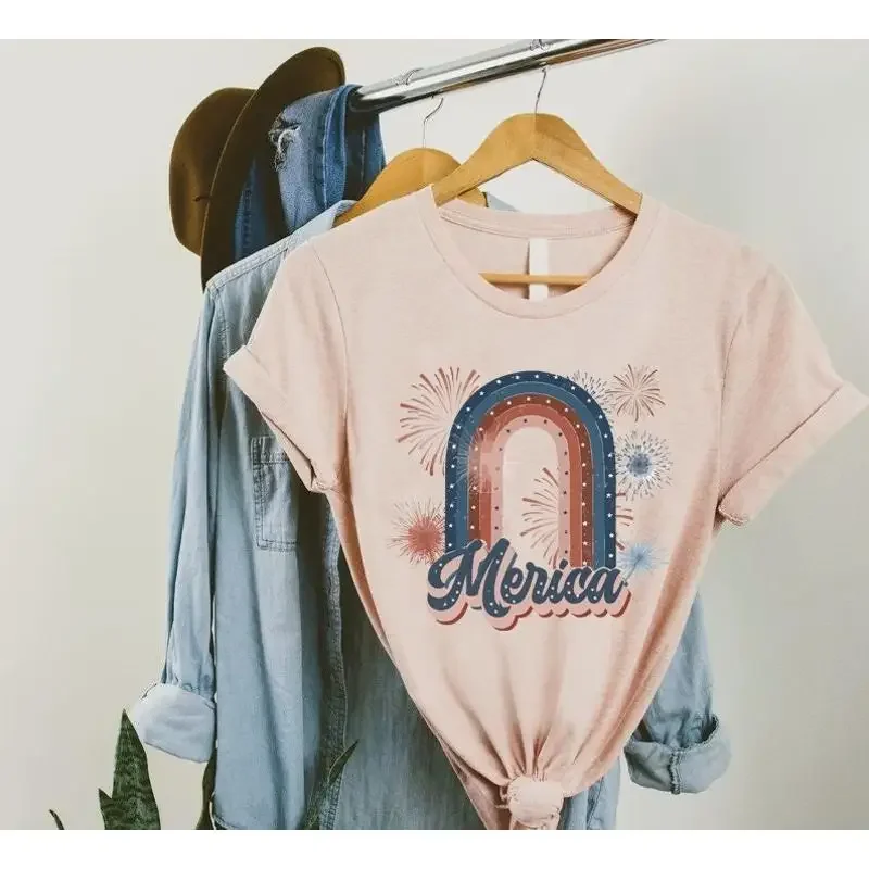 Retro Merica T Shirt Patriotic Rainbow Womens 4th July Independence Day Women Memorial Fourth Of