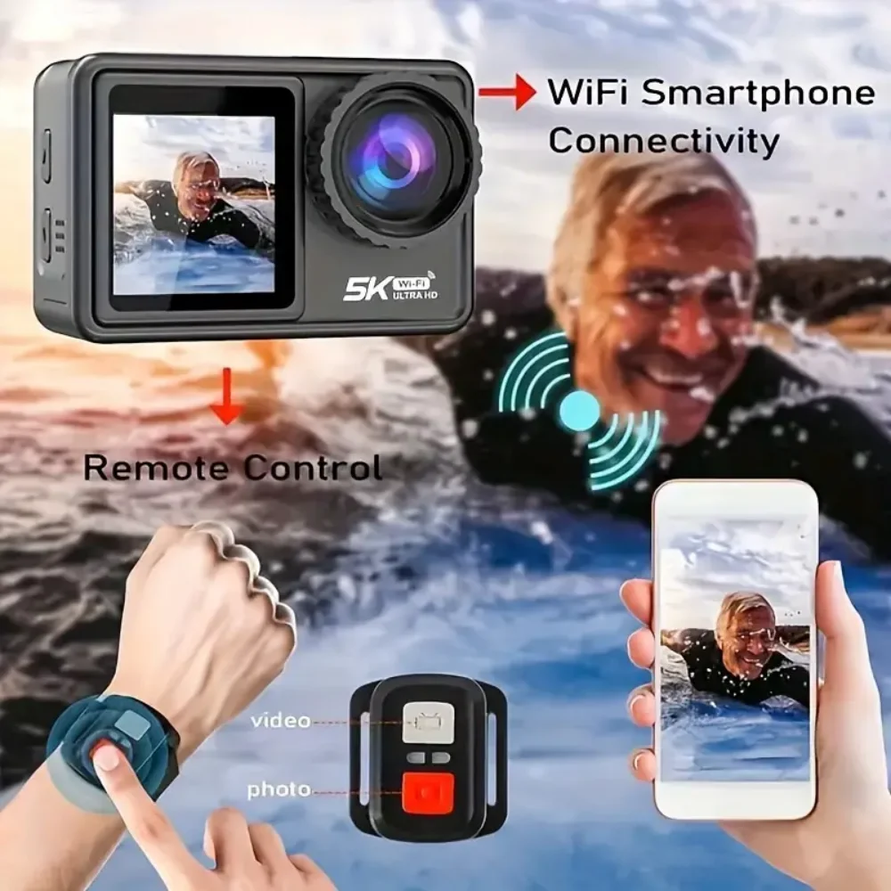 5K Ultra HD action camera with dual 2.0 and 1.4-inch screens, WiFi smartphone connection, perfect for helmet cameras