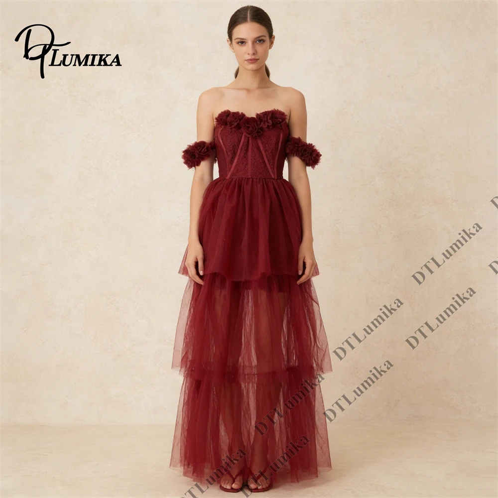 

DTLumika Customizable Women’s Off - Shoulder 3D Floral Evening Gown for Prom Wedding Corset Burgundy Tulle Tiered Maxi Gown