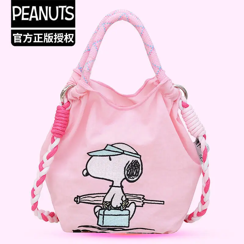 Snoopy Nylon Drawstring Mini Phone Bag Embroidery Crossbody Handheld Bag Portable Casual Storage Purse for Daily Use