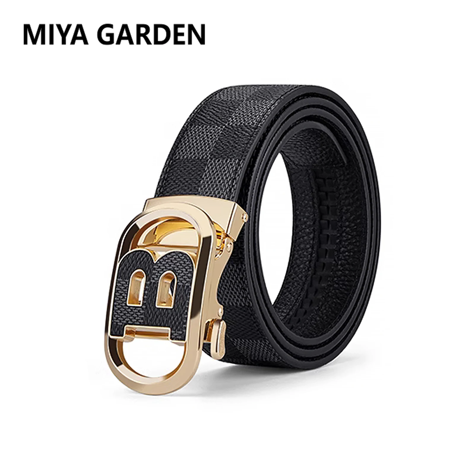 MIYA GARDEN Genuine Leather Men\'s Belt B Letter Automatic Buckle Business Casual Belt Classic Checkered Men\'s Cow Leather Belt