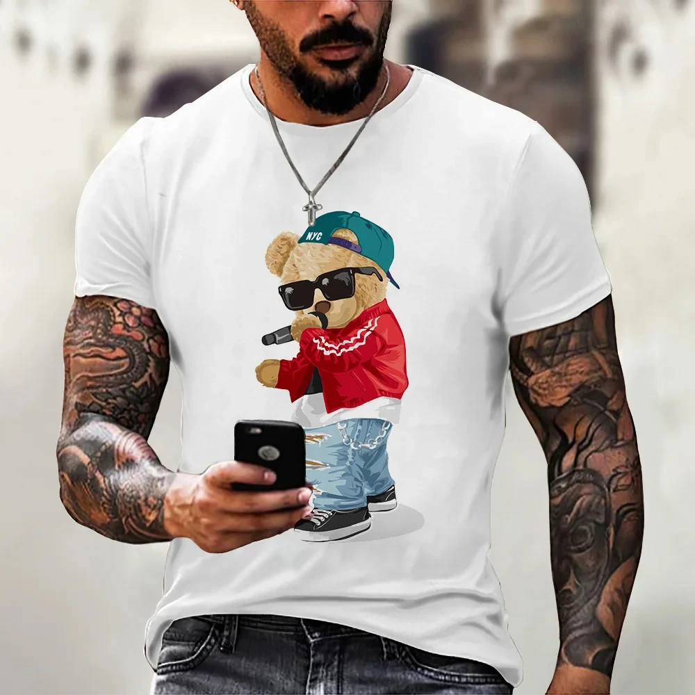 Summer men's cute teddy bear print, comfortable and breathable round neck T-shirt, outdoor urban casual top